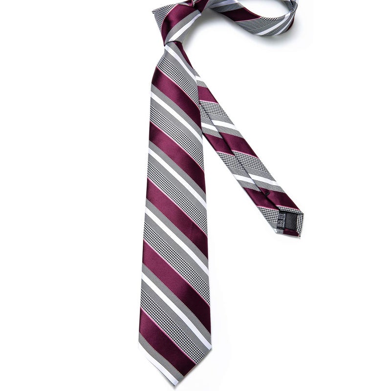DiBanGu Silk Ties for Men Necktie and Lapel Pin Brooch Set Formal Woven Paisley Plaid Striped Solid Tie Wedding Party, Burgundy and Grey - Image 4